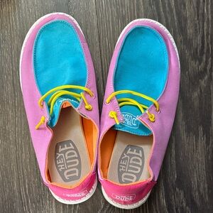 Hey Dude Kids Two-Tone Pink & Blue Slip-On Sneakers with Yellow Laces